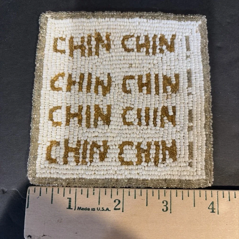 Kim Seybert Coasters Beaded Salud & Chin Chin Cheers Set of 2 Glass Beads NYC
